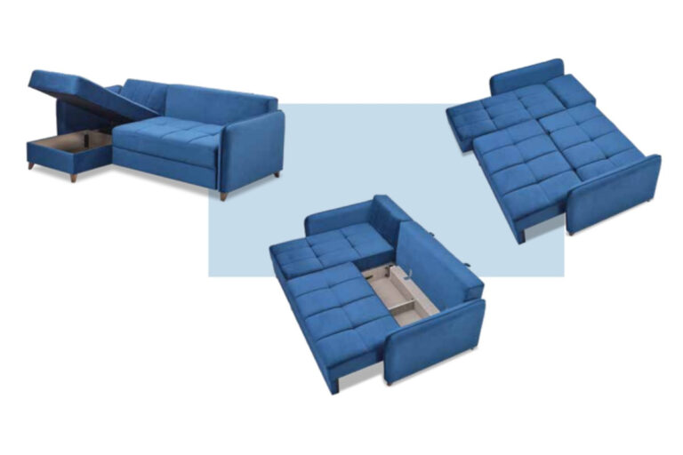 Маленький угловой диван-кровать с ящиком для белья модель ALASKA синий
