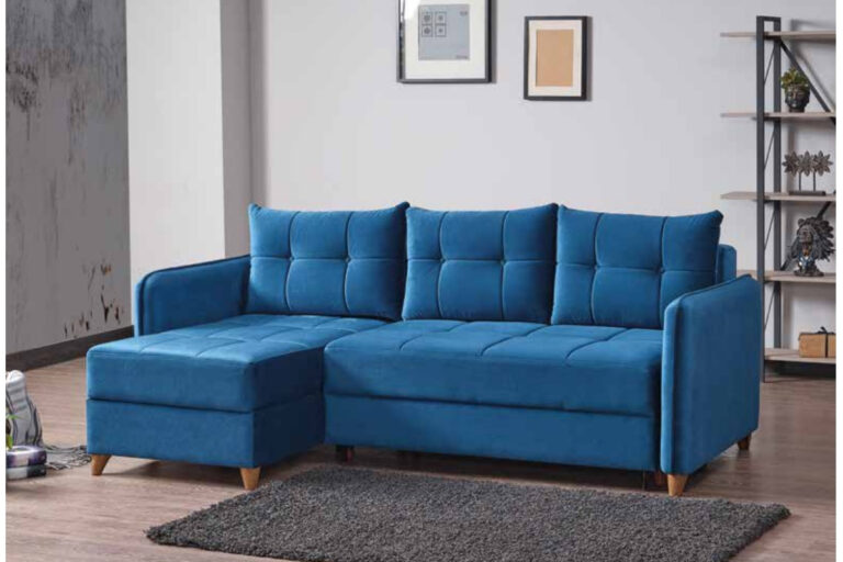Маленький угловой диван-кровать с ящиком для белья модель ALASKA синий