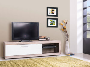 שידה טלוויזיה 160 ס”מ דגם RIGA בשילוב צבע עץ ולבן